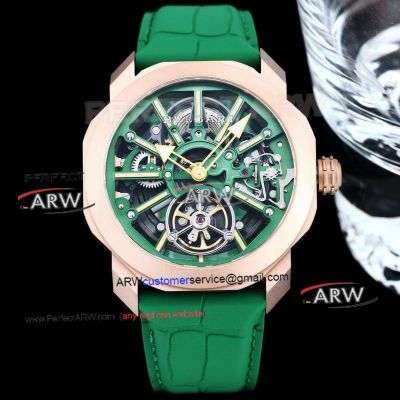 Bu1gari Octo Roma Skeleton Tourbillon Rose Gold Green Leather Strap Replica Watches